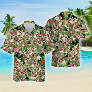 Cow Playing Guitar Hawaiian Button Down Shirt Unisex